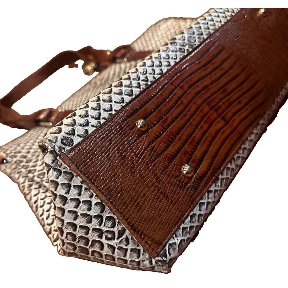 Brahmin Large Asher Tote Snake Embossed Leather Shoulder Bag Brown Ivory Purse